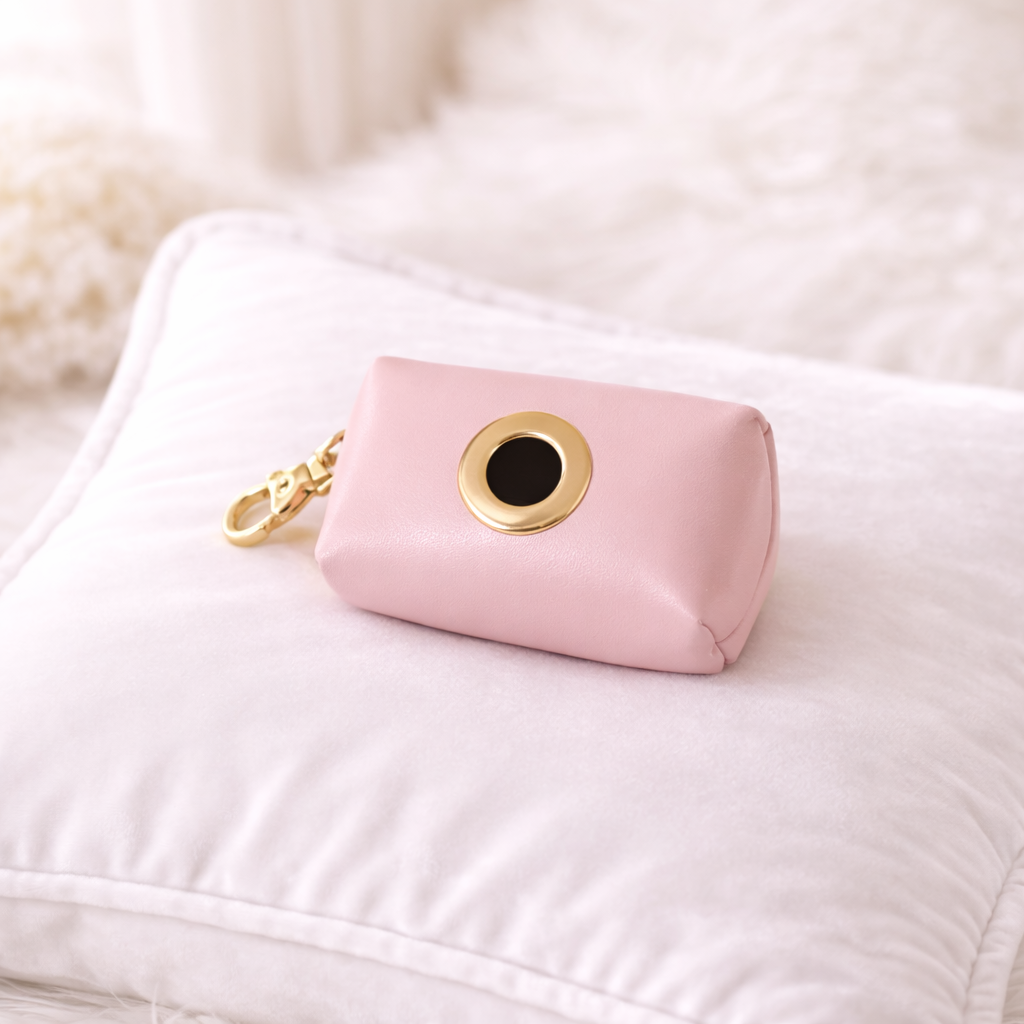 Porta sacchetti igienici powder pink con finiture oro su cuscino