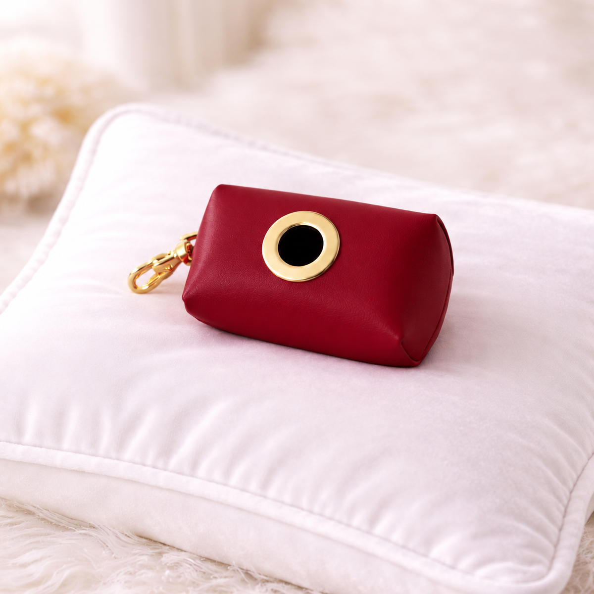Porta sacchetti igienici rosso con finiture oro su cuscino bianco