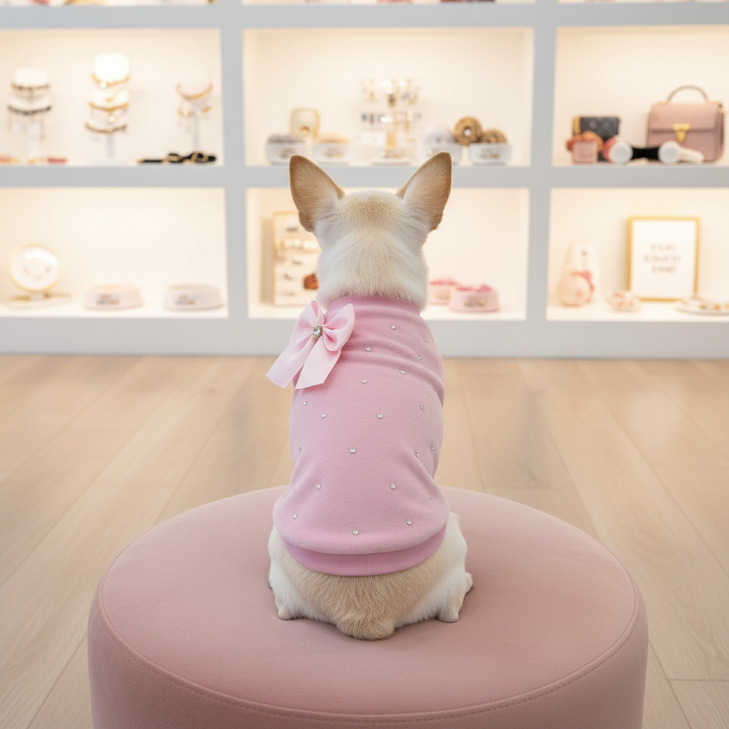 T-shirt rosa barbie con strass e fiocco in satin su chihuahua seduto di schiena su pouf velluto in boutique di lusso –  MPI